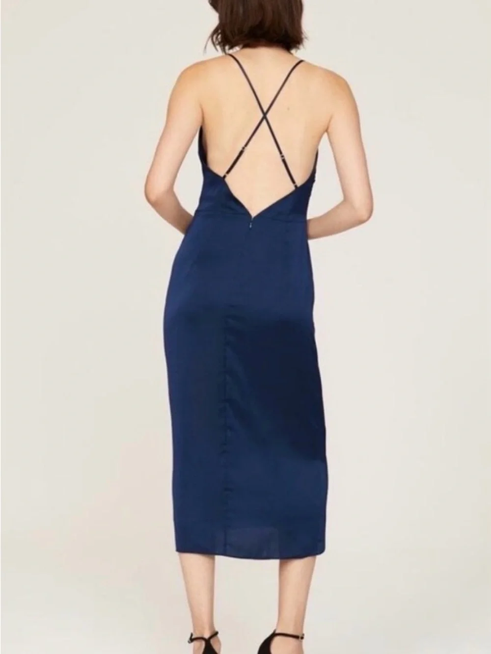 Milly Electra Women’s Navy Asymmetrical Square Neck Ruched Slip Dress sz 12 - Picture 8 of 15